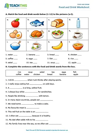 ESL Food and Drink Worksheet, beginner A1, matching, gap-fill, controlled practice